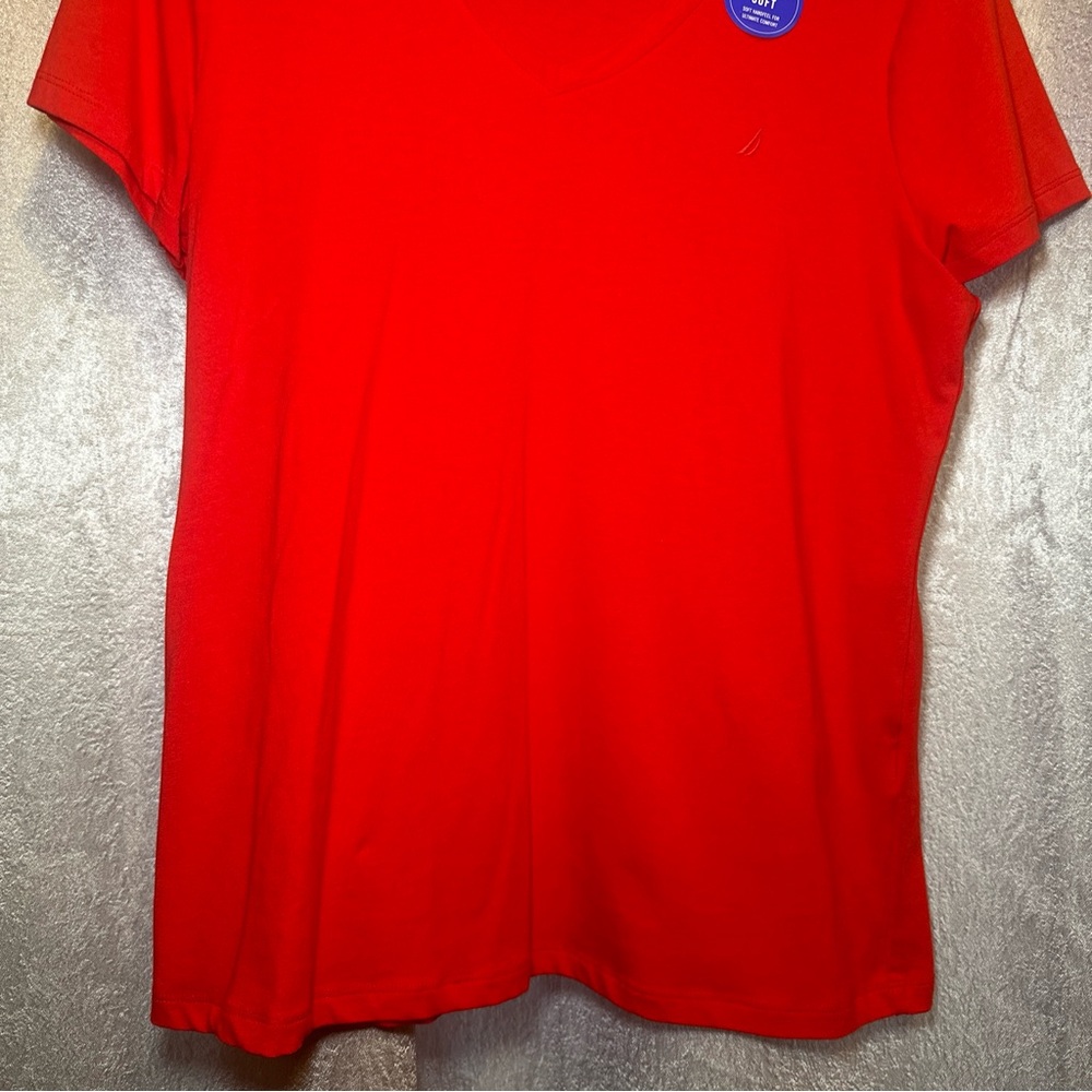 Nautica Tee Shirt Top Womens Large Red Knit Short Sleeve V Neck Stretch Pullover - Picture 4 of 6